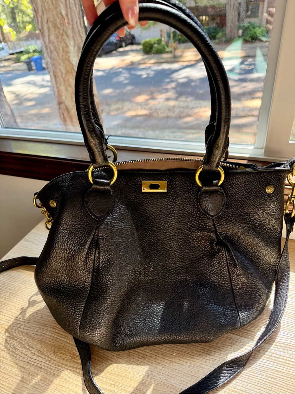 J. Crew Black Pebbled Leather Top-Handle Satchel with Gold Hardware